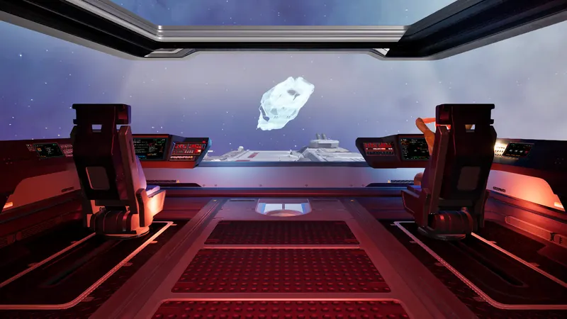 The bridge, with the ship's hologram showing every scar.